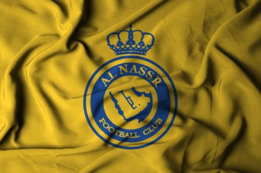 Pringsewu, Lampung; 12 Eylül 2024; Bayrak logosu deseni seçici odak Al-Nassr FC, Suudi Arabistan Ligi futbol takımı. 3d illüstrasyon