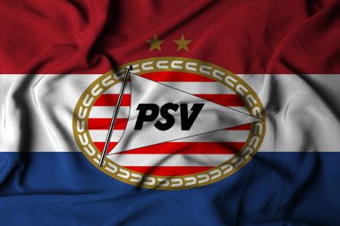 Pringsewu, Lampung 13 Eylül 2024 bayrak logosu seçici odaklı SPV, Hollanda ligi futbol kulübü. 3d illüstrasyon