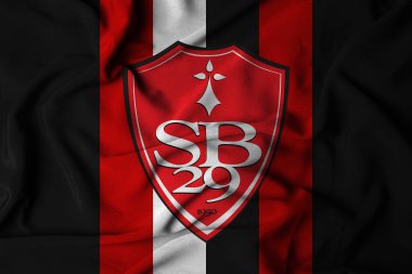 Pringsewu, Lampung 18 Eylül 2024; Stade Brestois 29 arka planının seçici odak bayrak logosu. Avrupa futbol kulübü bayrağı. 3B illüstrasyon