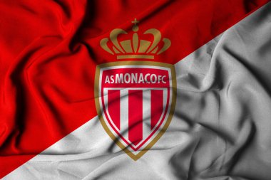 Pringsewu, Lampung 18 Eylül 2024; AS MONACO FC arka planının seçici odak noktası logosu, Avrupa futbol kulübü bayrağı. 3B illüstrasyon