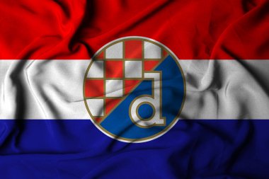 Pringsewu, Lampung 18 Eylül 2024; GNK Dinamo Zagreb arka planının seçici odak bayraklı logosu. Avrupa futbol kulübü bayrağı. 3B illüstrasyon