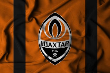 Pringsewu, Lampung 18 Eylül 2024; FC Shakhtar Donetsk arka planının seçici odak noktası logosu. Avrupa futbol kulübü bayrağı. 3 Boyutlu Çizim