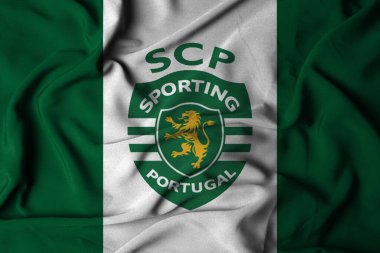 Pringsewu, Lampung 18 Eylül 2024; Arka plandaki Sporting CP 'den seçici odak bayraklı logo dokusu. Avrupa futbol kulübü bayrağı. 3B illüstrasyon