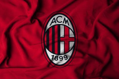 Pringsewu, Lampung 24 Eylül 2024 Ac Milan arka planının seçici odak bayrak logosu. İtalyan Serisi A futbol kulübü bayrağı. 3B illüstrasyon