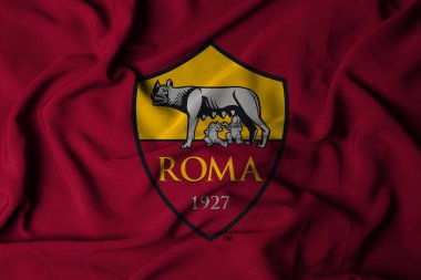 Pringsewu, Lampung 24 Eylül 2024; AS Roman kökenli seçici odak bayrağı logosu. İtalyan Serisi A futbol kulübü bayrağı. 3B illüstrasyon