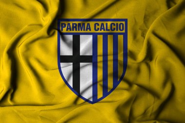 Pringsewu, Lampung 24 Eylül 2024; Parma Calcio arka planının seçici odak bayraklı logosu. İtalyan Serisi A futbol kulübü bayrağı. 3 Boyutlu Çizim