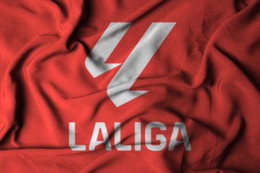 Pringsewu, Lampung; 5 Ekim 2024; İspanya 'da Laliga futbol yarışmasının seçici odak bayraklı logo dokusu arka planı, 3 boyutlu illüstrasyon
