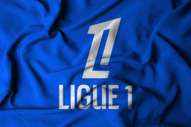 Pringsewu, Lampung; 5 Ekim 2024; Ligue 1 futbol yarışmasının seçici odak bayraklı logo dokusu arka planı, 3D illüstrasyon
