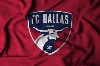Pringsewu, Lampung; 7 Ekim 2024; Dallas futbol kulübü MLS 'den seçici odak bayraklı logo dokusu, 3 boyutlu illüstrasyon