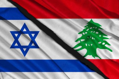 ISRAEL bayrak illüstrasyonu LEBANON bayrağı, saten desenli el sallama dekorasyon arkaplanını birleştirir. 3d illüstrasyon