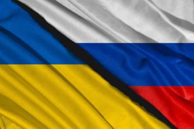 UKRAINE bayrak çizimi, Rusya bayrağı, saten desenli el sallama dekorasyonu arkaplanını birleştirir. 3d illüstrasyon