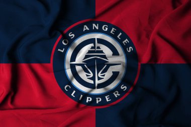 Pringsewu, Lampung; 16 Ekim 2024; Seçici odak sallayan bayrak dokusu basketbol kulübü Los Angeles Clippers, NBA. 3d illüstrasyon