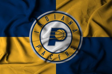 Pringsewu, Lampung; 16 Ekim 2024; Seçici odak sallayan bayrak dokusu basketbol kulübü Indiana Pacers, NBA. 3d illüstrasyon