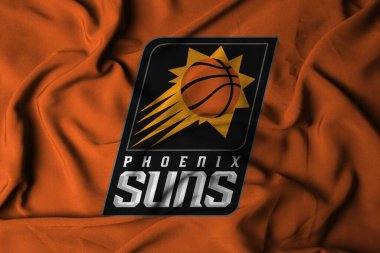 Pringsewu, Lampung; 16 Ekim 2024; Basketball Club Phoenix Suns kumaş dokusunun seçici odak sallama bayrağı, NBA. 3d illüstrasyon