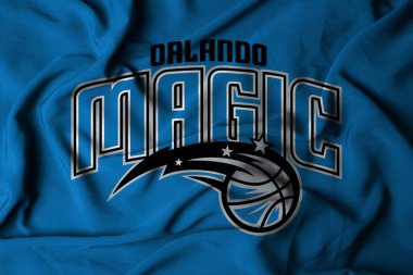 Pringsewu, Lampung; 16 Ekim 2024; Seçici odak sallayan kumaş dokusu bayrağı basketbol kulübü Orlando Magic, NBA. 3d illüstrasyon