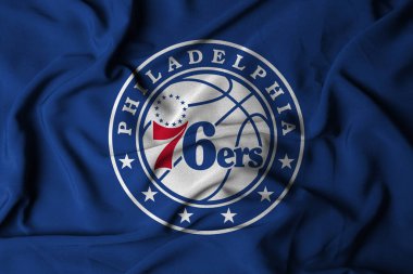 Pringsewu, Lampung; 16 Ekim 2024; Seçici odak sallayan kumaş dokusu bayrağı, basketbol kulübü Philadelphia 76ers, NBA. 3d illüstrasyon