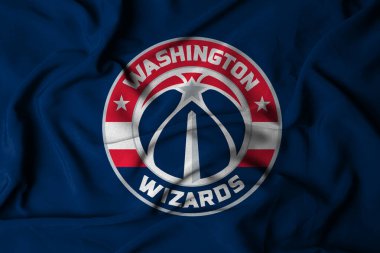 Pringsewu, Lampung; 16 Ekim 2024; Seçici odak sallayan kumaş dokusu bayrağı Washington Wizards, NBA. 3d illüstrasyon