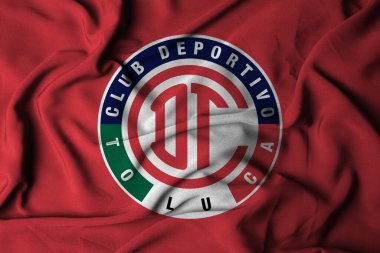 Pringsewu, Lampung 18 Ekim 2024 Futbol kulübü Toluca liga MX 'in seçici odak noktası logo dokusu arka planı. 3B illüstrasyon