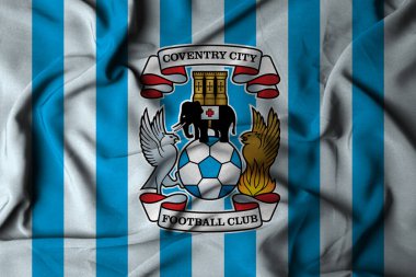 Pringsewu, lamba 23 Ekim 2024; Coventry futbol kulübü, seçici odak bayrağı logosu arka plan premier lig eleme şampiyonası. 3d illüstrasyon