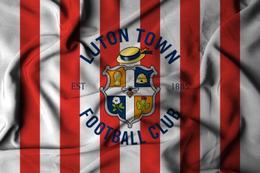Pringsewu, lamba 23 Ekim 2024, Luton Town futbol kulübü, seçici odak bayrağı logosu arka plan premier lig eleme şampiyonası. 3d illüstrasyon