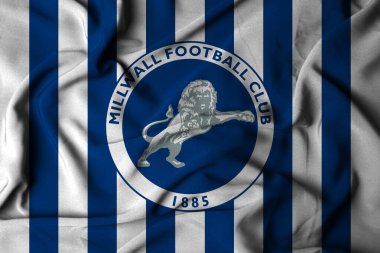 Pringsewu, lamba 23 Ekim 2024 Millwall futbol kulübü, seçici odak bayrağı logosu arka plan premier lig eleme şampiyonası. 3d illüstrasyon