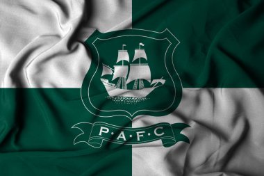 Pringsewu, lamba 23 Ekim 2024; Plymouth Argyle futbol kulübü, seçici odak bayraklı logo dokusu ön eleme ligi şampiyonası. 3d illüstrasyon