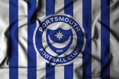 Pringsewu, lamba 23 Ekim 2024; Portsmouth futbol kulübü, seçici odak bayrağı logosu arka plan premier lig eleme şampiyonası. 3d illüstrasyon