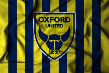 Pringsewu, lamba 23 Ekim 2024; Oxford United futbol kulübü, seçici odak bayrağı logosu arka plan premier lig eleme şampiyonası. 3d illüstrasyon