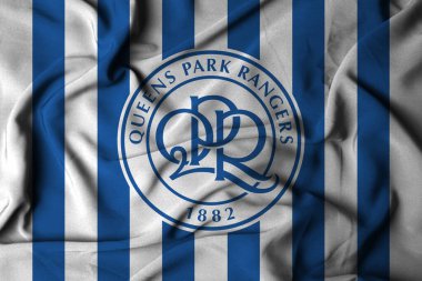 Pringsewu, lamba 23 Ekim 2024 Queens Park Rangers futbol kulübü, seçici odak bayraklı logo dokusu ön eleme ligi şampiyonluğu. 3d illüstrasyon