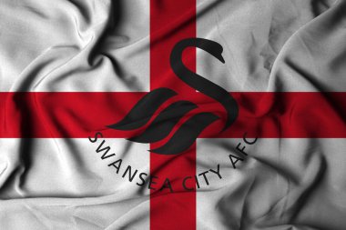 Pringsewu, lamba 23 Ekim 2024; Swansea City futbol kulübü, seçici odak bayrağı logosu arka plan premier lig eleme şampiyonası. 3d illüstrasyon