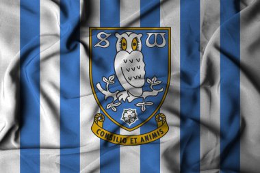 Pringsewu, lamba 23 Ekim 2024; Sheffield Wednesday futbol kulübü, seçici odak bayrağı logosu arka plan premier lig eleme şampiyonası. 3d illüstrasyon