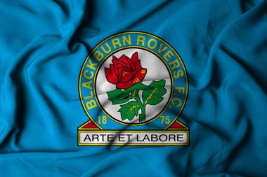 Pringsewu, lamba 23 Ekim 2024; Blackburn Rovers futbol kulübü, seçici odak bayraklı logo dokusu ön eleme ligi şampiyonluğu. 3d illüstrasyon
