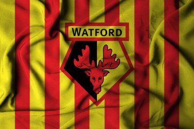 Pringsewu, lamba 23 Ekim 2024, Watford futbol kulübü, seçici odak bayrağı logosu arka plan ön eleme ligi şampiyonluğu. 3d illüstrasyon