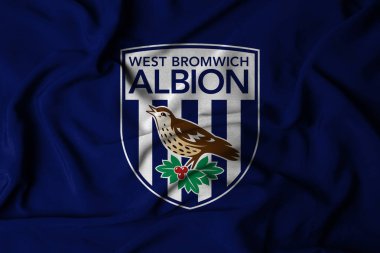Pringsewu, lamba 23 Ekim 2024, West Brom futbol kulübü, seçici odak bayrağı logosu arka plan premier lig eleme şampiyonası. 3d illüstrasyon