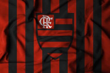 Pringsewu, lamba 30 Ekim 2024; Flamengo futbol kulübü, seçici odak logosu arka plan Brezilya Serie A Şampiyonası.
