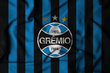 Pringsewu, lamba 30 Ekim 2024; Gremio futbol kulübü, seçici odak logosu arka plan Brezilya Serie A Şampiyonası.