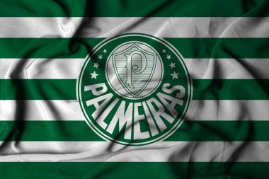 Pringsewu, lamba 30 Ekim 2024; Palmeiras futbol kulübü, seçici odak logosu arka plan Brezilya Serie A Şampiyonası.