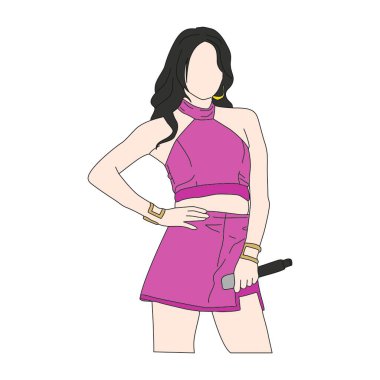 vector illustration of korean idol girl in sexy pink clothes with hands on waist and holding mic in one hand, line art model of korean idol singer, isolated cute girls concept clipart