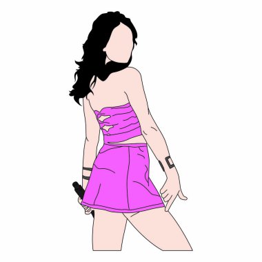 Seksi pembe elbiseyle poz veren ve mikrofon tutan şık kız vektör çizimi, Koreli kpop tarzı kadın illüstrasyonu, kpop idolü çizgi film çizimi