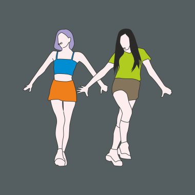 colorful kpop female couple vector illustration posing with same dance moves, cartoon line drawing of kpop idols clipart