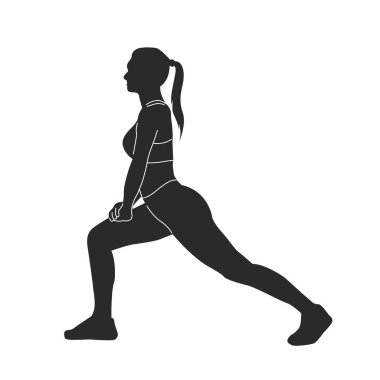Formda bir kızın vektör silueti, ısınma hareketleri yan görüş, spor salonunda çalışan kadın.