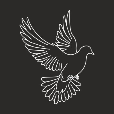 Güvercin vektör çizgisi çizimi, basit düz bir kuş resmi, uçan, siyah izole edilmiş