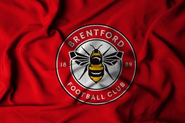Pringsewu, Lampung; 5 Ekim 2024; Brentford futbol kulübü seçici odak bayrağı logo dokusu arka planı, 3D illüstrasyon