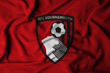 Pringsewu, Lampung; 5 Ekim 2024; Seçici odak noktası logosu arka plan futbol kulübü A.F.C. Bournemouth, 3 boyutlu illüstrasyon