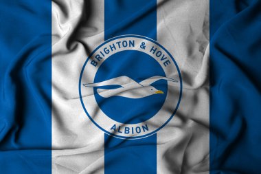 Pringsewu, Lampung; 5 Ekim 2024; Brighton & Hove Albion futbol kulübü seçici odak noktası logo dokusu arka planı, 3D illüstrasyon