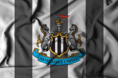 Pringsewu, Lampung; 5 Ekim 2024; Newcastle United futbol kulübü seçici odak noktası logo dokusu arka planı, 3D illüstrasyon