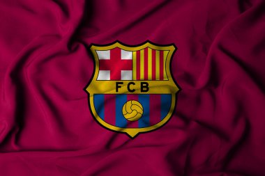FC Barcelona logosunun seçici odak noktası. Barcelona Katalonya, İspanya 'daki futbol kulübü. Akan kumaş dokusuyla. 3B illüstrasyon