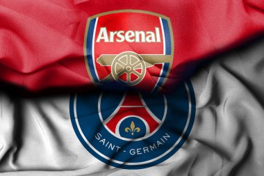 Pringsewu, Lampung; 2 Ekim 2024; ARSENAL VS PSG futbol kulübü logosu, Avrupa şampiyonlarının 3 boyutlu illüstrasyonu Legue yarışması
