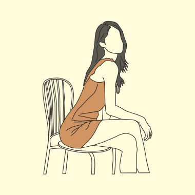 Seksi Asyalı bir kadının, düzgün vücutlu, düz çizgili bir sandalyede oturmasının vektör çizimi, seksi kpop sevimli kadın.