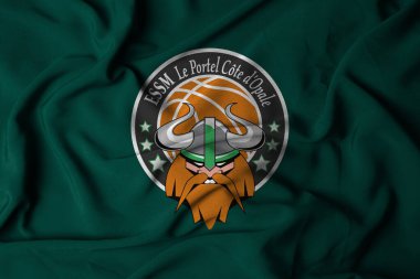 Pringsewu, Lampung; January 4, 2025; Selective focus waving the flag cloth of ESSM Basketball Club, LNB Ligue, Paris. 3D illustration clipart